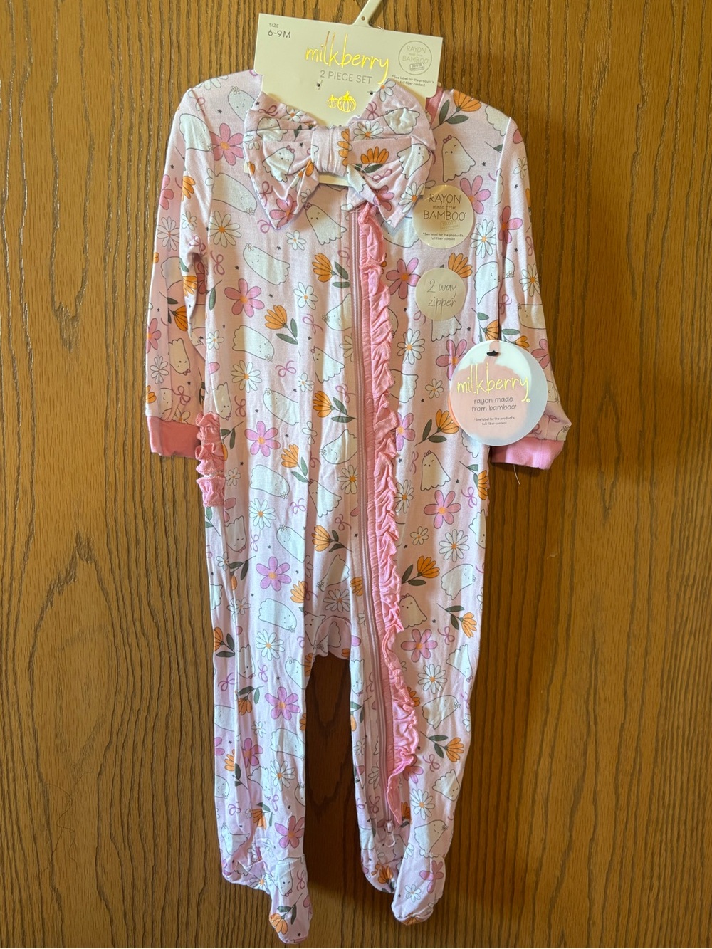 Milkberry Pink Floral Ghost Ruffle Baby One-Piece Onesie